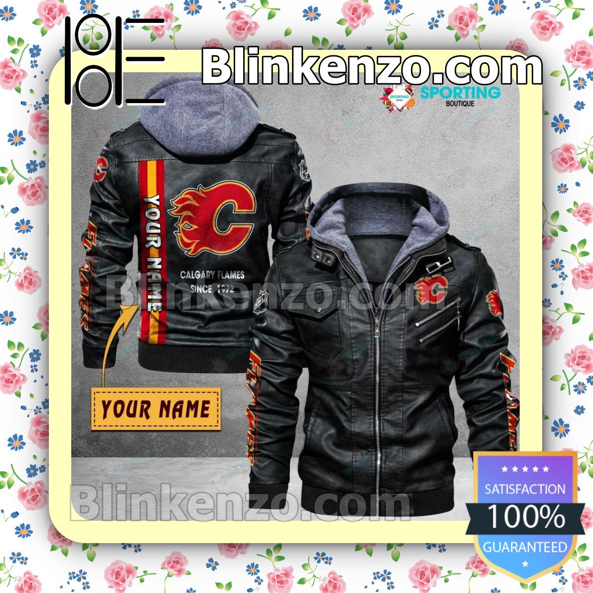 Calgary Flames Custom Logo Print Motorcycle Leather Jacket