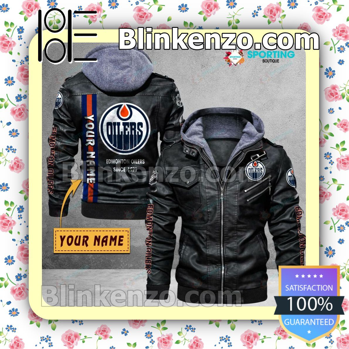 Edmonton Oilers Custom Logo Print Motorcycle Leather Jacket