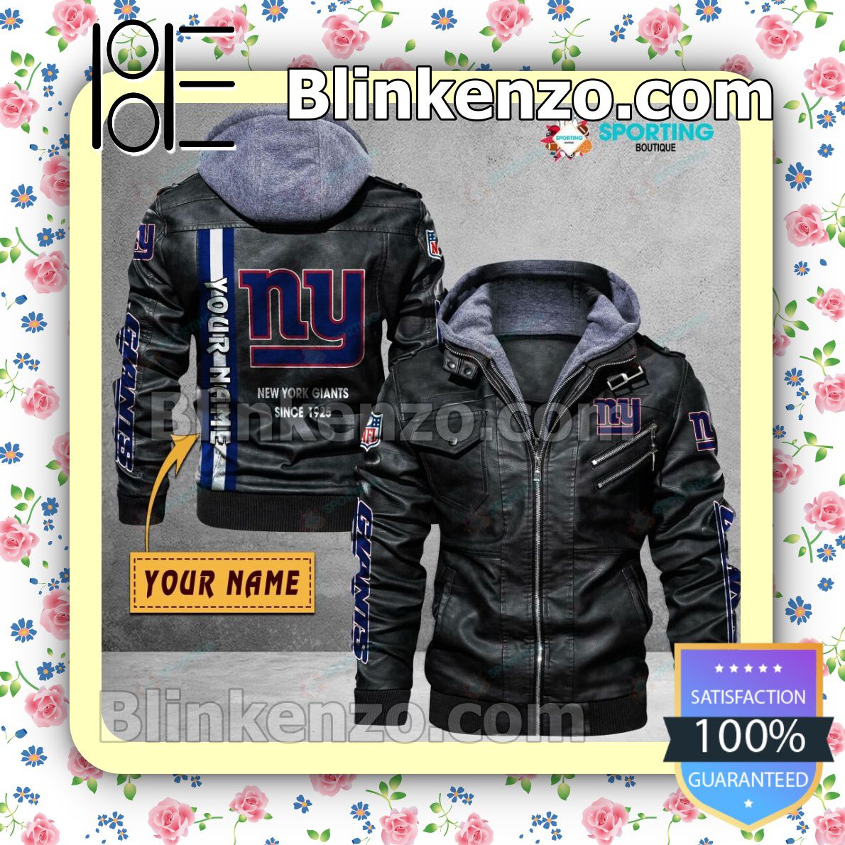 New York Giants Custom Logo Print Motorcycle Leather Jacket