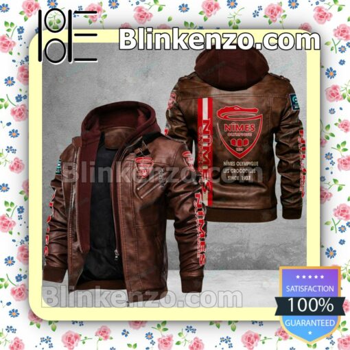Nimes Olympique Logo Print Motorcycle Leather Jacket a