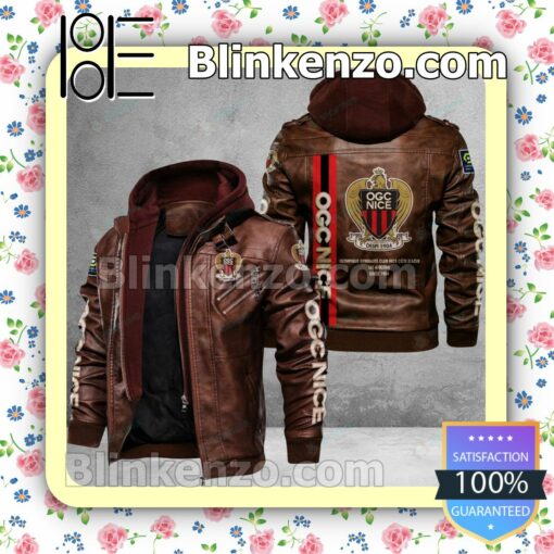 OGC Nice Logo Print Motorcycle Leather Jacket a