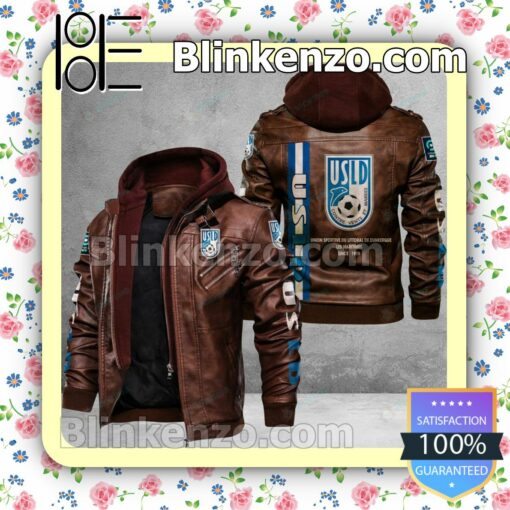 USL Dunkerque Logo Print Motorcycle Leather Jacket a
