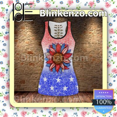 American Flag Sunflower 4th July Glitter Women Tank Top Pant Set a