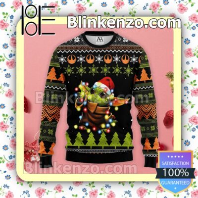 Baby Yoda Cow Colored Light Christmas Pullover Sweaters