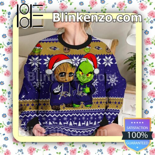 Baltimore Ravens Baby Groot And Grinch Christmas NFL Sweatshirts b