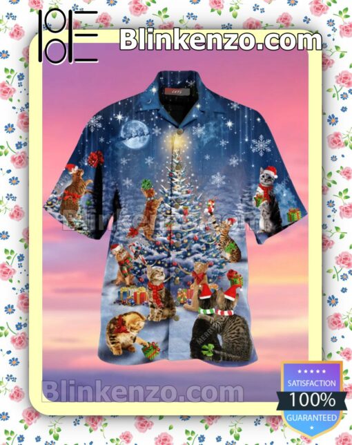 Cat And Christmas Tree Blue Xmas Button Down Shirt