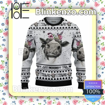 Cow Mooooody Wearing A Floral Christmas Pullover Sweaters