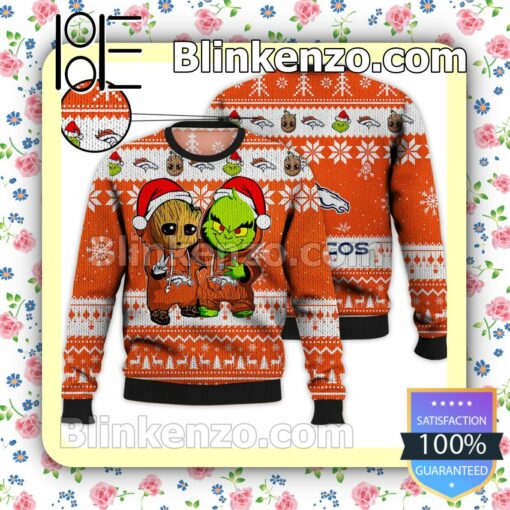 Denver Broncos Baby Groot And Grinch Christmas NFL Sweatshirts