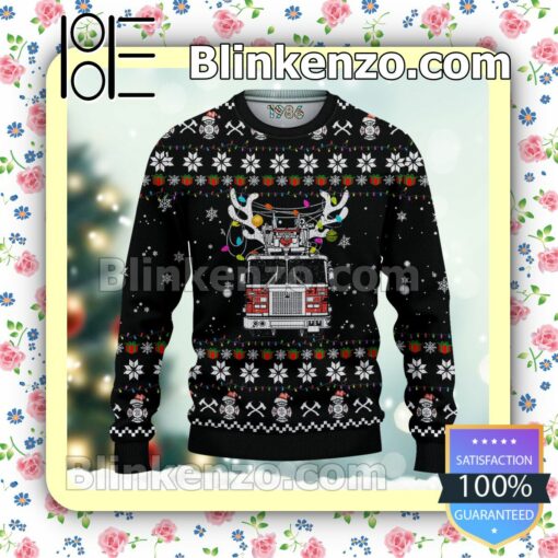 Firefighter Fire Engine Colored Lights Christmas Pullover Sweaters
