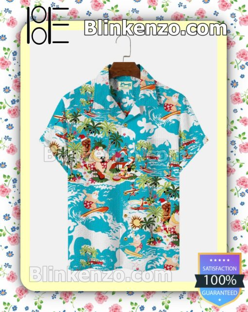 Funny Santa And Elk Surfing Blue Xmas Button Down Shirt