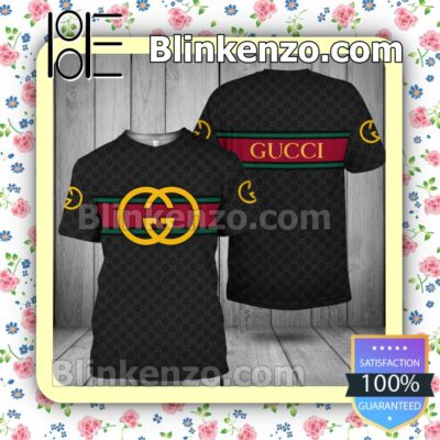 Gucci Black Monogram With Logo On Horizontal Stripes Brand Crewneck Tee