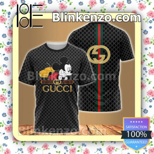 Gucci Mickey Mouse Black Monogram With Red Green Stripes Brand Crewneck Tee