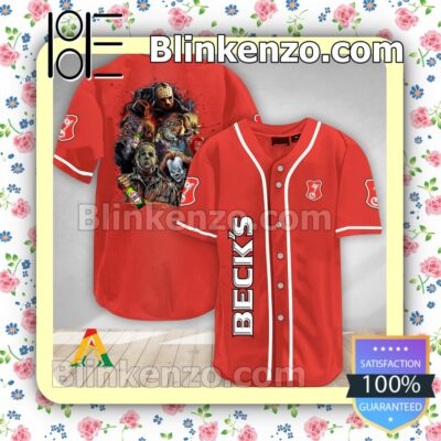 Halloween Horror Characters Beck's Beer Short Sleeve Plain Button Down Baseball Jersey Team