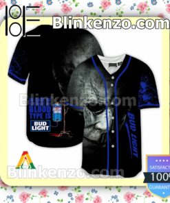 Halloween Horror Michael Myers Bud Light In Case Of Accident My Blood Type Is Short Sleeve Plain Button Down Baseball Jersey Team