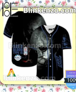 Halloween Horror Michael Myers Busch Light In Case Of Accident My Blood Type Is Short Sleeve Plain Button Down Baseball Jersey Team