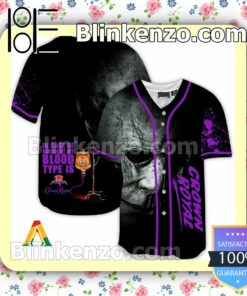 Halloween Horror Michael Myers Crown Royal In Case Of Accident My Blood Type Is Short Sleeve Plain Button Down Baseball Jersey Team