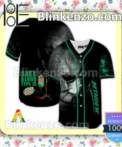 Halloween Horror Michael Myers Mountain Dew In Case Of Accident My Blood Type Is Short Sleeve Plain Button Down Baseball Jersey Team