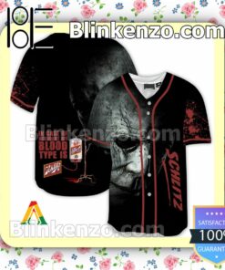 Halloween Horror Michael Myers Schlitz Beer In Case Of Accident My Blood Type Is Short Sleeve Plain Button Down Baseball Jersey Team