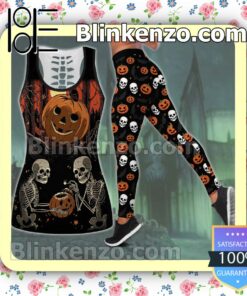 Halloween Skeleton Pumpkin Women Tank Top Pant Set f