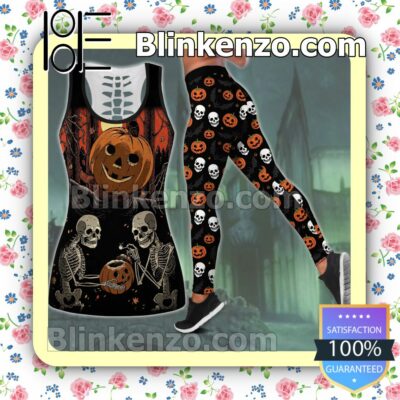 Halloween Skeleton Pumpkin Women Tank Top Pant Set f