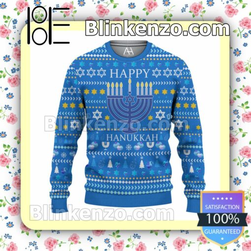 Happy Hanukkah Blue Christmas Pullover Sweaters