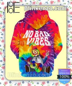 Hippie No Bad Vibes Tie Dye Gnome Peace Playing Guitar Hooded Sweatshirt a