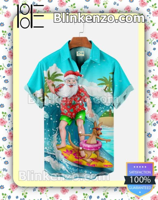 Holiday Santa Beach Surfing Xmas Button Down Shirt