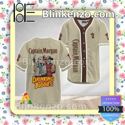 Horror Freddy And Jason Captain Morgan Drinking Buddies Short Sleeve Plain Button Down Baseball Jersey Team