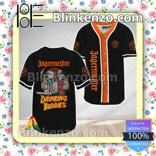 Horror Freddy And Jason Jagermeister Drinking Buddies Short Sleeve Plain Button Down Baseball Jersey Team