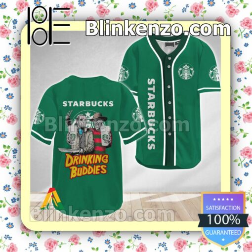 Horror Freddy And Jason Starbucks Drinking Buddies Short Sleeve Plain Button Down Baseball Jersey Team