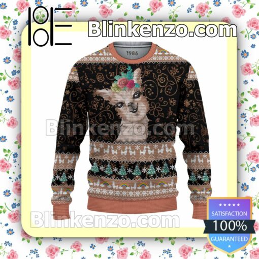 Llama With Floral Christmas Pullover Sweaters
