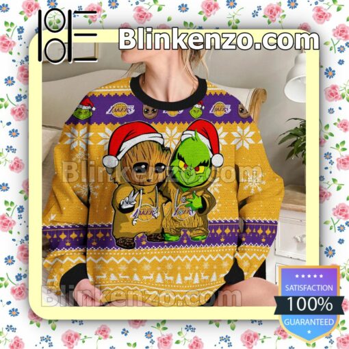 Los Angeles Lakers Baby Groot And Grinch Christmas NBA Sweatshirts b