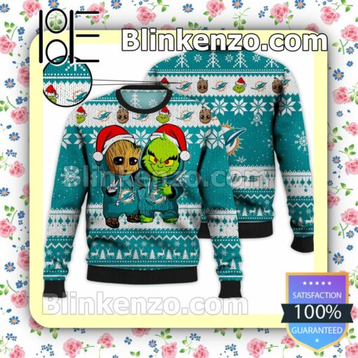 Miami Dolphins Baby Groot And Grinch Christmas NFL Sweatshirts