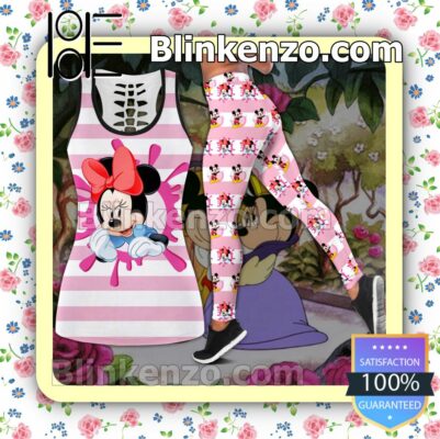 Mickey And Minnie Pink And White Stripes Women Tank Top Pant Set