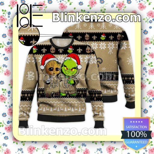 New Orleans Saints Baby Groot And Grinch Christmas NFL Sweatshirts