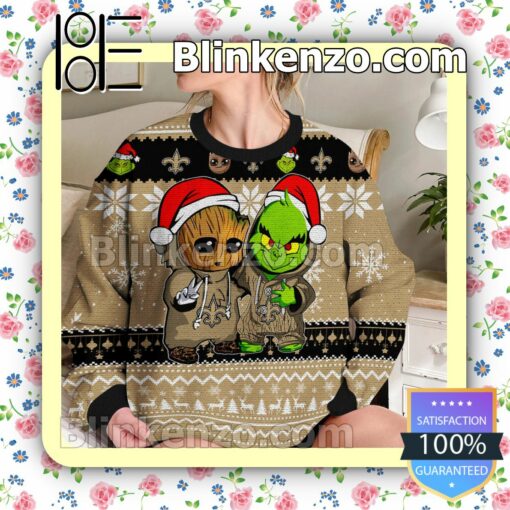 New Orleans Saints Baby Groot And Grinch Christmas NFL Sweatshirts b