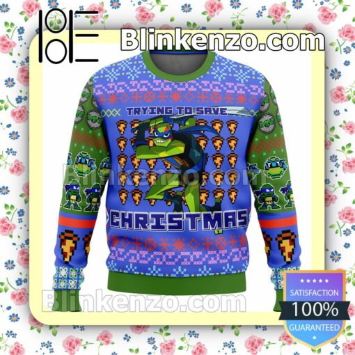 Ninja Turtle Trying To Save Christmas Christmas Pullover Sweaters