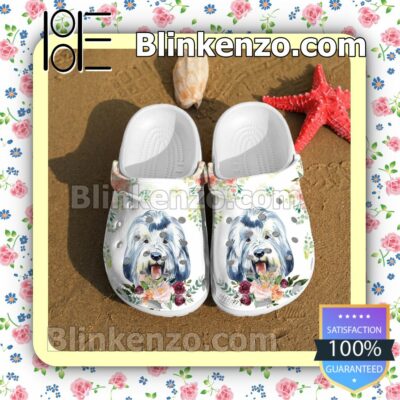 Old English Sheepdog And Flower Clogs