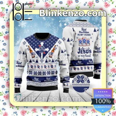 Pabst Blue Ribbon In My Veins Jesus In My Heart Christmas Pullover Sweaters