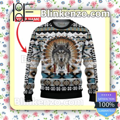 Personalized Native American Wolf Christmas Pullover Sweaters
