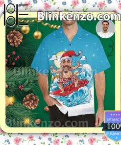 Personalized Photo Christmas Surfing Funny Blue Xmas Button Down Shirt