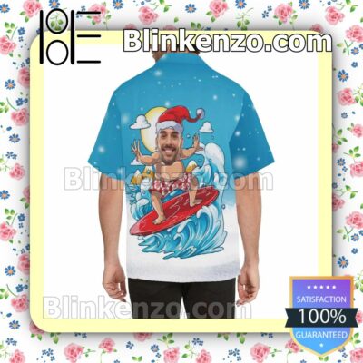 Personalized Photo Christmas Surfing Funny Blue Xmas Button Down Shirt a