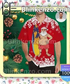 Personalized Photo Christmas Surfing Funny Red Xmas Button Down Shirt