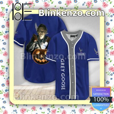 Personalized Scary Michael Myers Pumpkin Grey Goose Short Sleeve Plain Button Down Baseball Jersey Team