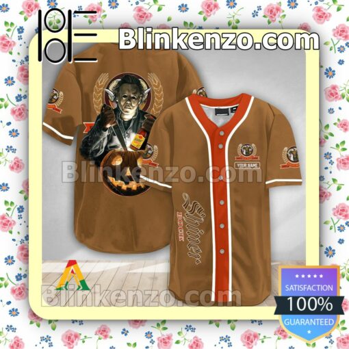 Personalized Scary Michael Myers Pumpkin Shiner Bock Short Sleeve Plain Button Down Baseball Jersey Team