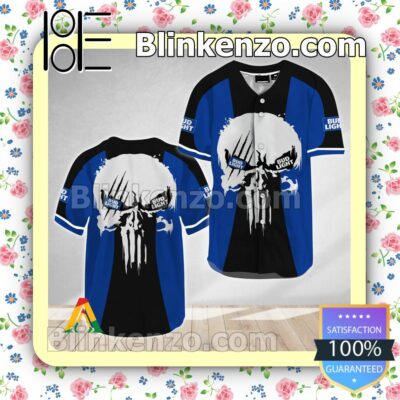 Punisher Skull Bud Light Short Sleeve Plain Button Down Baseball Jersey Team