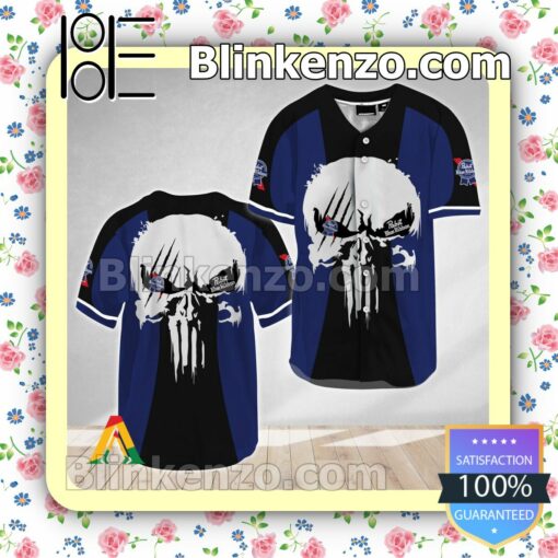 Punisher Skull Pabst Blue Ribbon Short Sleeve Plain Button Down Baseball Jersey Team