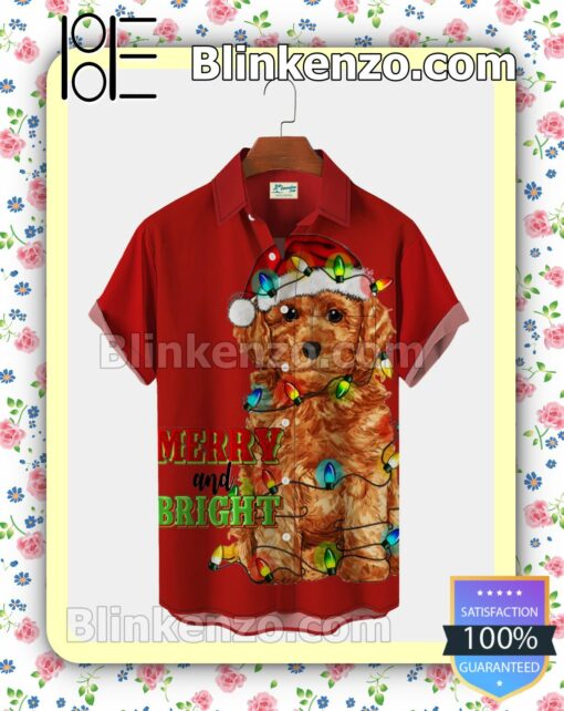 Puppy Wear Santa Hat Merry And Bright Xmas Button Down Shirt