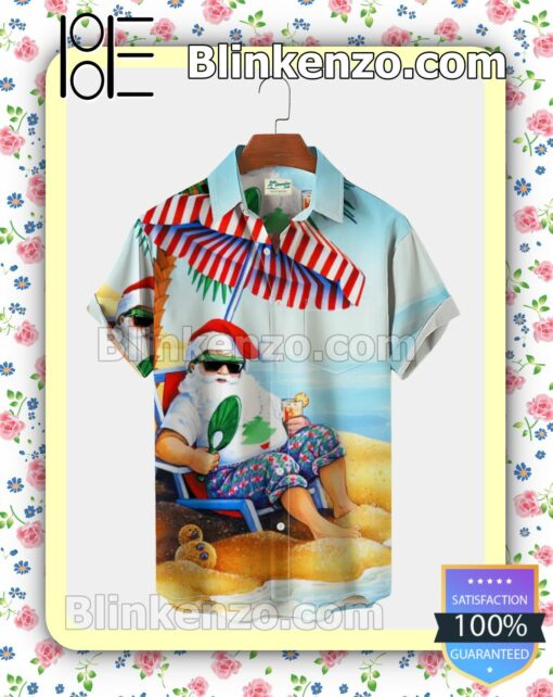 Santa Claus And Beach Xmas Button Down Shirt