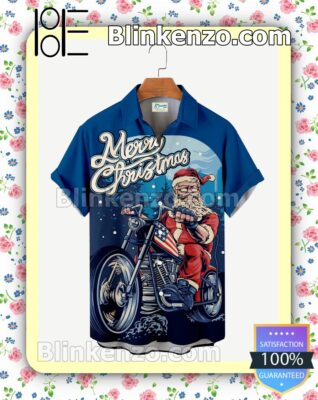 Santa Claus Bike Merry Christmas Xmas Button Down Shirt